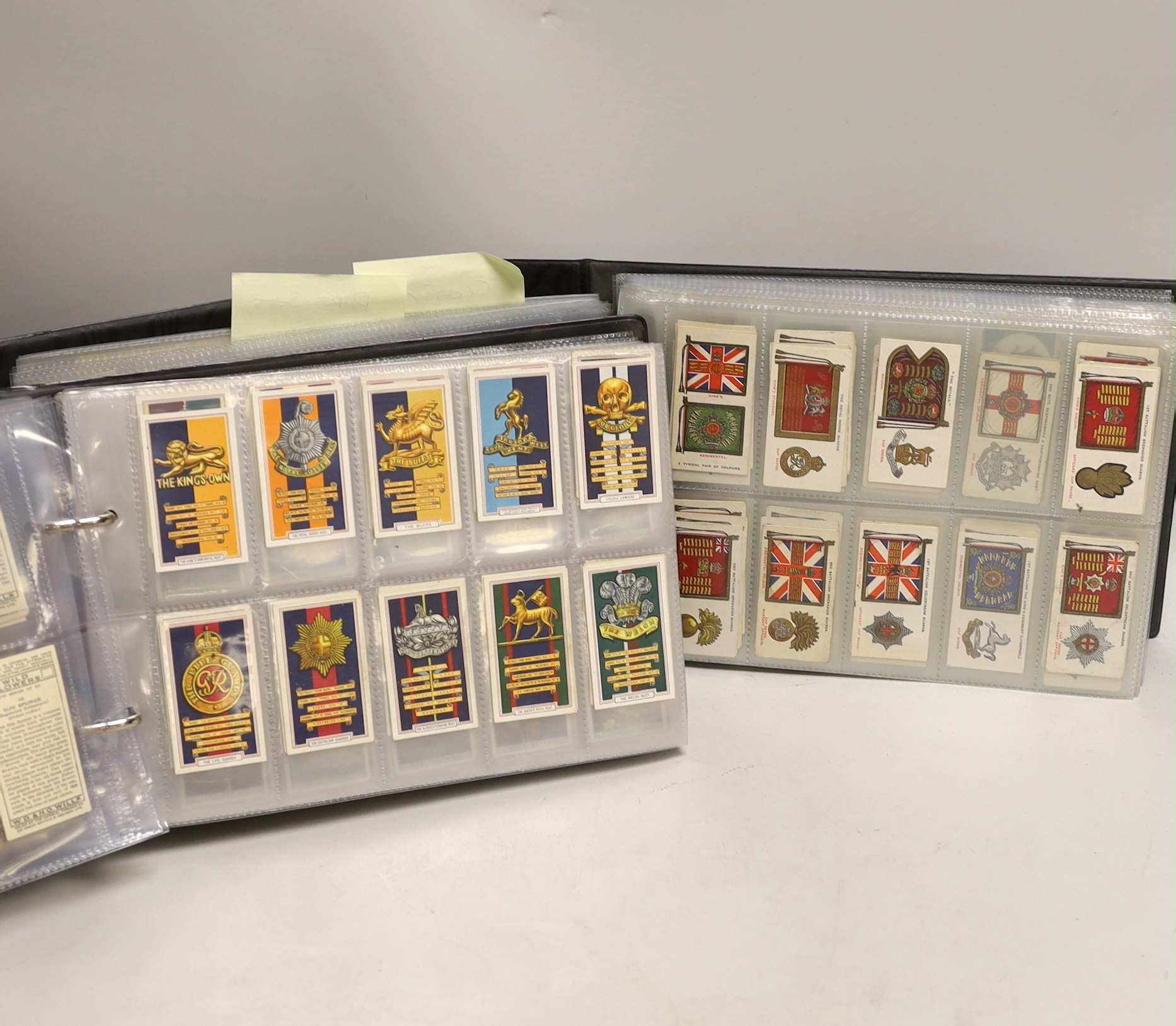 A collection of cigarette cards, some arranged in albums including Wills